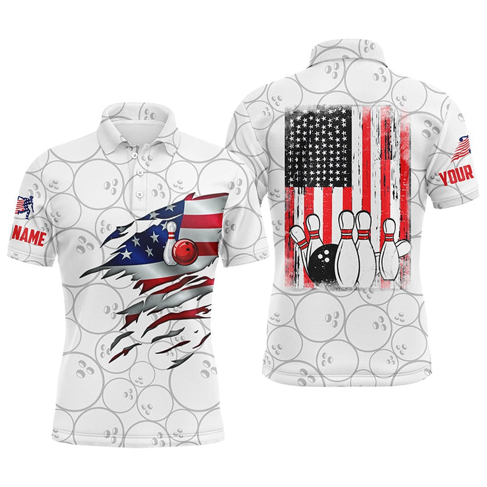 Custom Bowling Polo Shirts, White Bowling Polo Shirts For Men Custom Name Vintage American Flag Bowling Jerseys