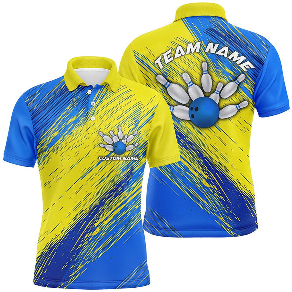 Custom Bowling Polo Shirts, Yellow And Blue Unisex Bowling Shirts For Team, Custom Name Bowling Tournament Jerseys For Bowler