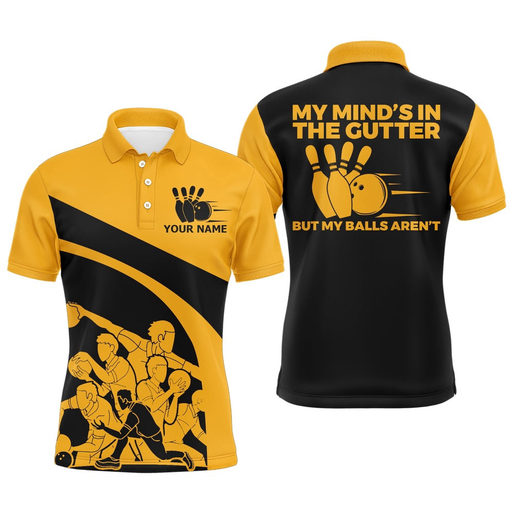 Custom Bowling Polo Shirts, Yellow Bowling Shirt For Men, Personalized Name Vintage Bowler Jersey, My Mind'S In The Gutter