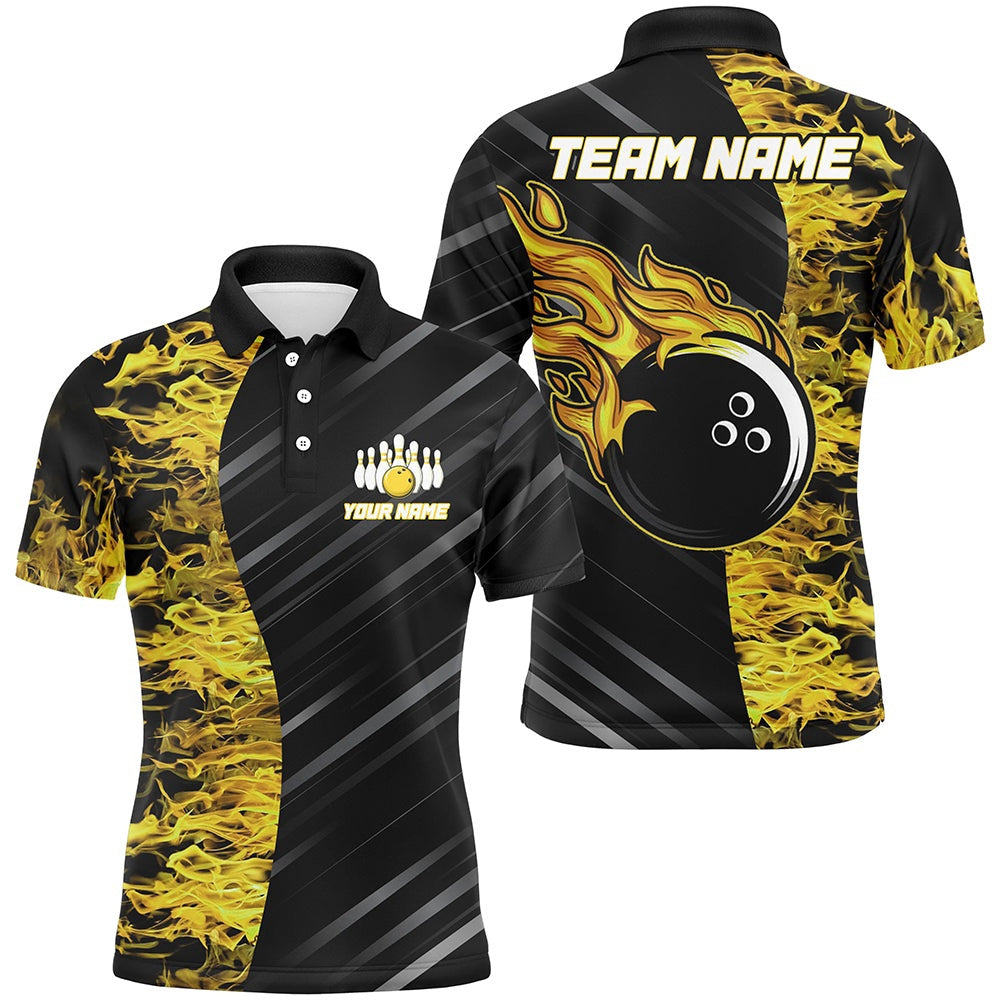 Custom Bowling Polo Shirts, Yellow Flames Bowling Jersey Men Women Custom Bowling Polo Shirt For Team