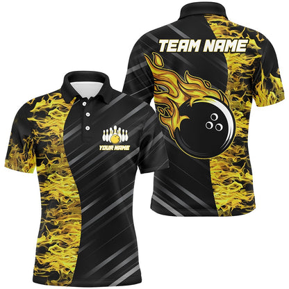 Custom Bowling Polo Shirts, Yellow Flames Bowling Jersey Men Women Custom Bowling Polo Shirt For Team