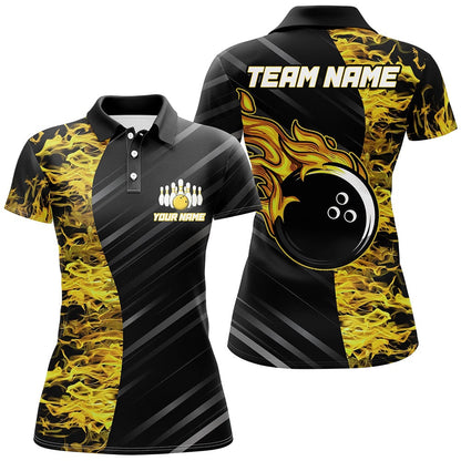 Custom Bowling Polo Shirts, Yellow Flames Bowling Jersey Men Women Custom Bowling Polo Shirt For Team