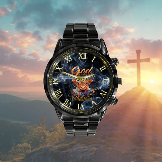 Custom Christian Watch, Christian Highland Cow God Is Within Her Bible Religious Watch, Religious Watch