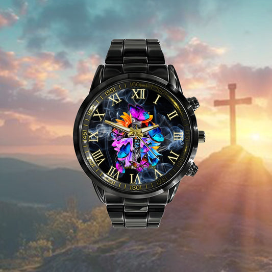 Custom Christian Watch, Faith-Hope-Love God Jesus Christ Cross Butterflies Floral Watch, Religious Watch