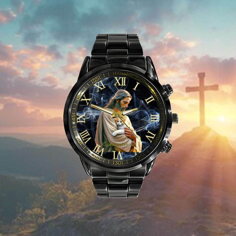Custom Christian Watch, God Holding Cat Easter He Is Risen Jesus Loves Cats Watch, Religious Watch