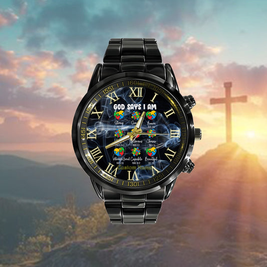 Custom Christian Watch, God Says I Am - Autism Awareness Christian Bible Verse Watch, Religious Watch