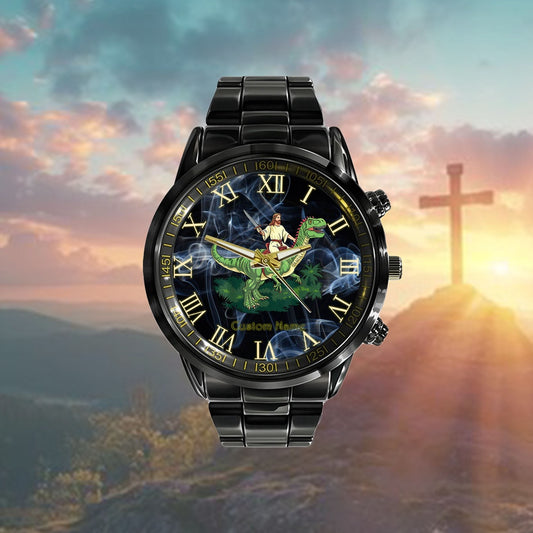 Custom Christian Watch, Jesus Riding Dinosaur Watch, Religious Watch
