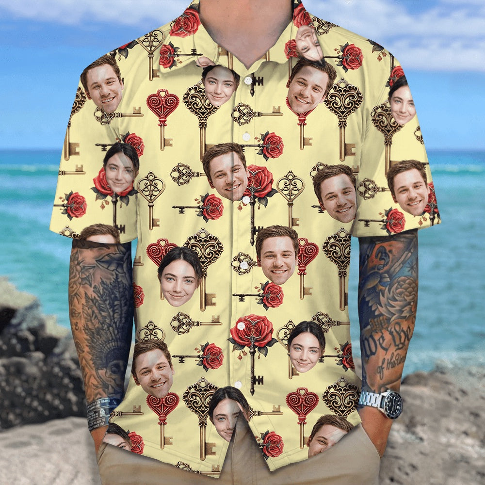 Custom Couple Photo Roses Heart Shaped Key Valentines Hawaiian Shirt, Custom Hawaiian Shirts With Face