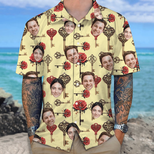 Custom Couple Photo Roses Heart Shaped Key Valentines Hawaiian Shirt, Custom Hawaiian Shirts With Face