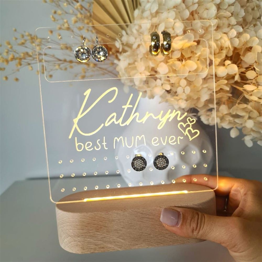 Custom Earring Stand, Best Mum Ever 3D Led Light Wooden Base, Mother's Day Led Light, Gift For Mom, Anniversary Gift