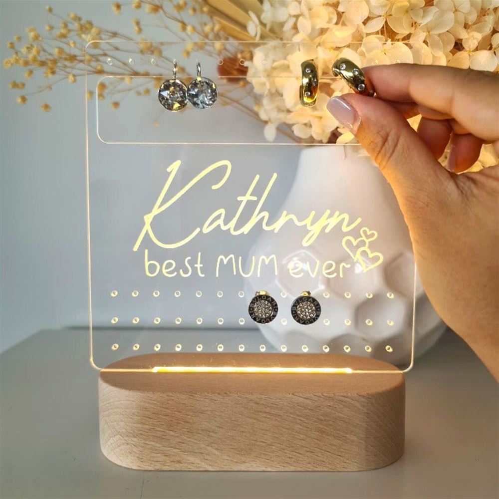 Custom Earring Stand, Best Mum Ever 3D Led Light Wooden Base, Mother's Day Led Light, Gift For Mom, Anniversary Gift