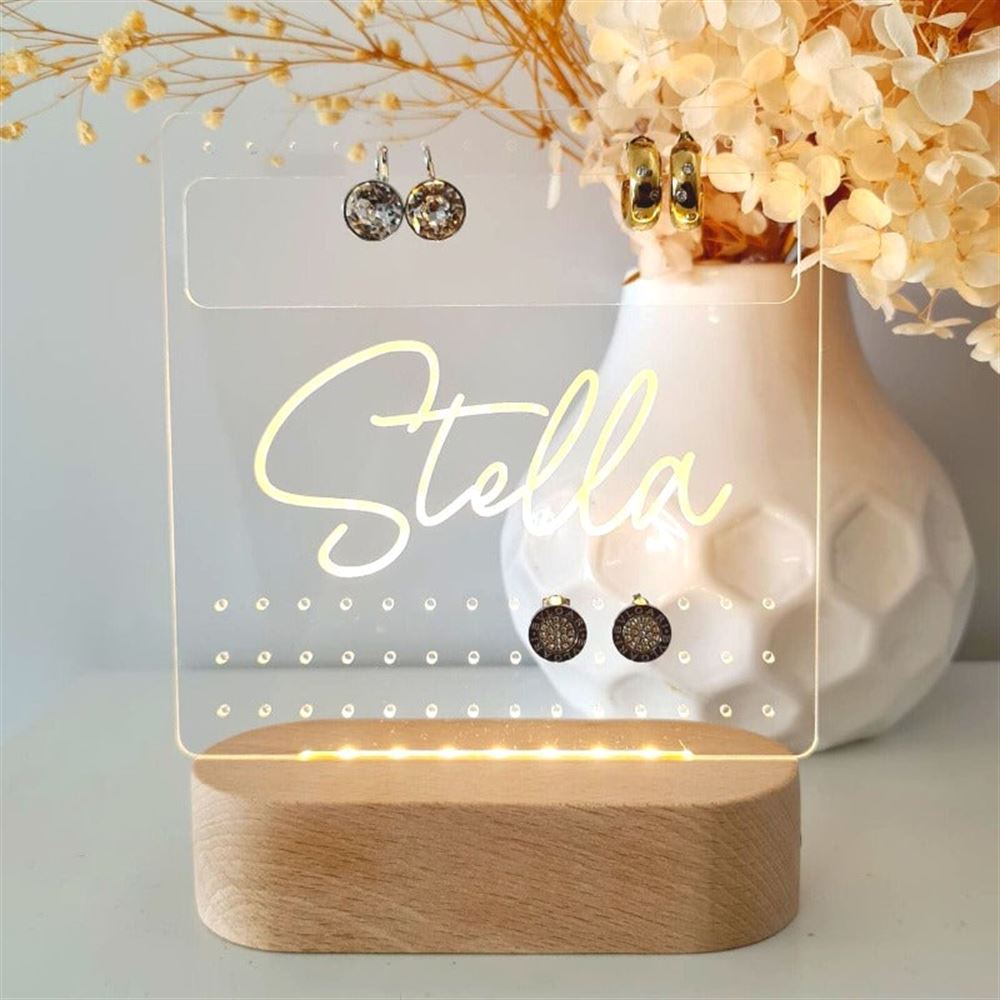 Custom Earring Stand, Personalised Name 3D Led Light Wooden Base, Mother's Day Led Light, Gift For Mom, Anniversary Gift