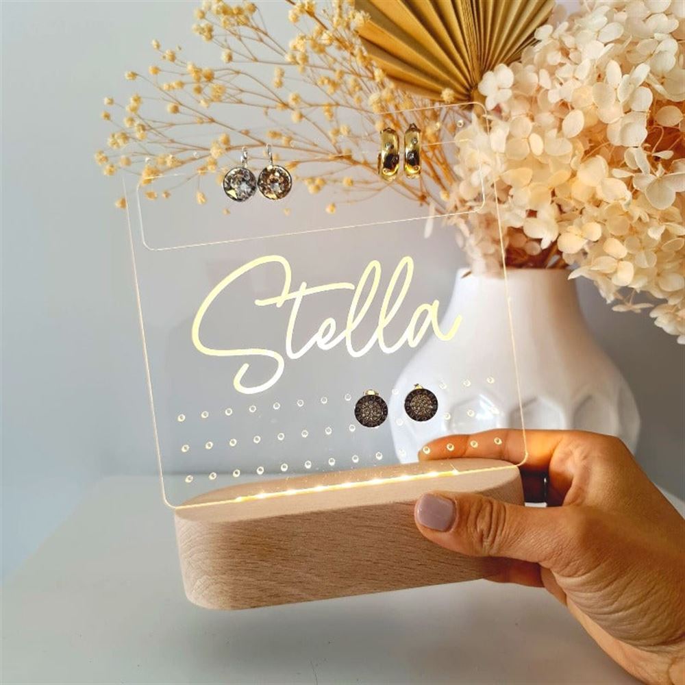 Custom Earring Stand, Personalised Name 3D Led Light Wooden Base, Mother's Day Led Light, Gift For Mom, Anniversary Gift