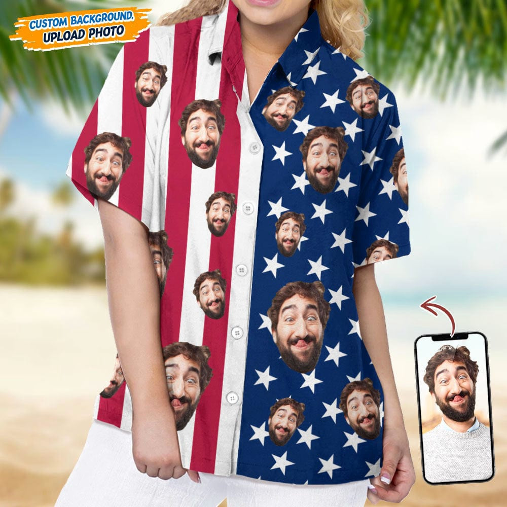 Custom Face Photo With US Flag Vertical Stripes Women's Hawaiian Shirt, Custom Hawaiian Shirts With Face