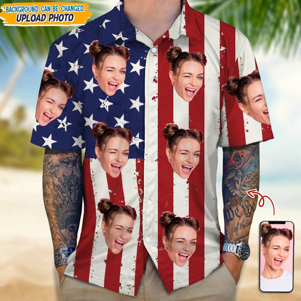 Custom Face Photo With Us Flag Hawaiian Shirt, Custom Hawaiian Shirts With Face