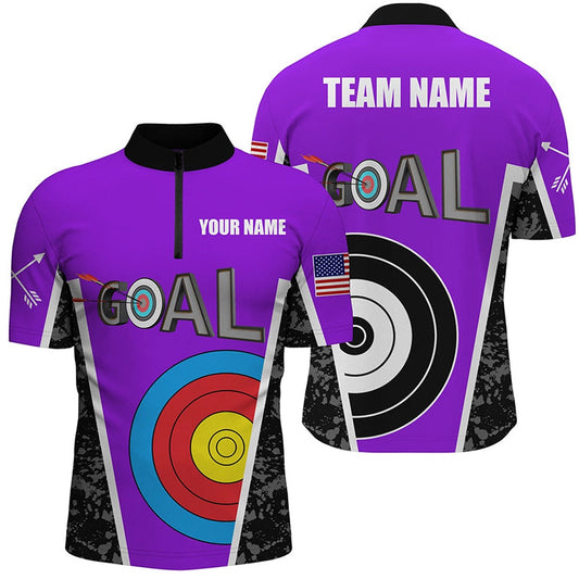 Custom Name Purple Archery Goal Men Quarter-Zip Shirts, Target Archery Jerseys For Team, Archery Team Shirts, Custom Archery Shirts