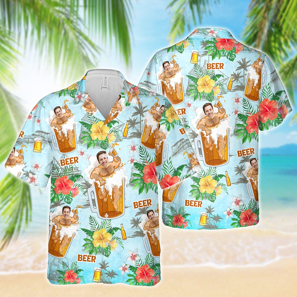 Custom Photo Beer Man Hawaiian Shirt Summer Gift For Beer Lovers, Custom Hawaiian Shirts With Face