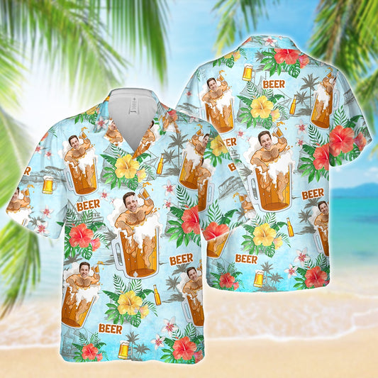 Custom Photo Beer Man Hawaiian Shirt Summer Gift For Beer Lovers, Custom Hawaiian Shirts With Face
