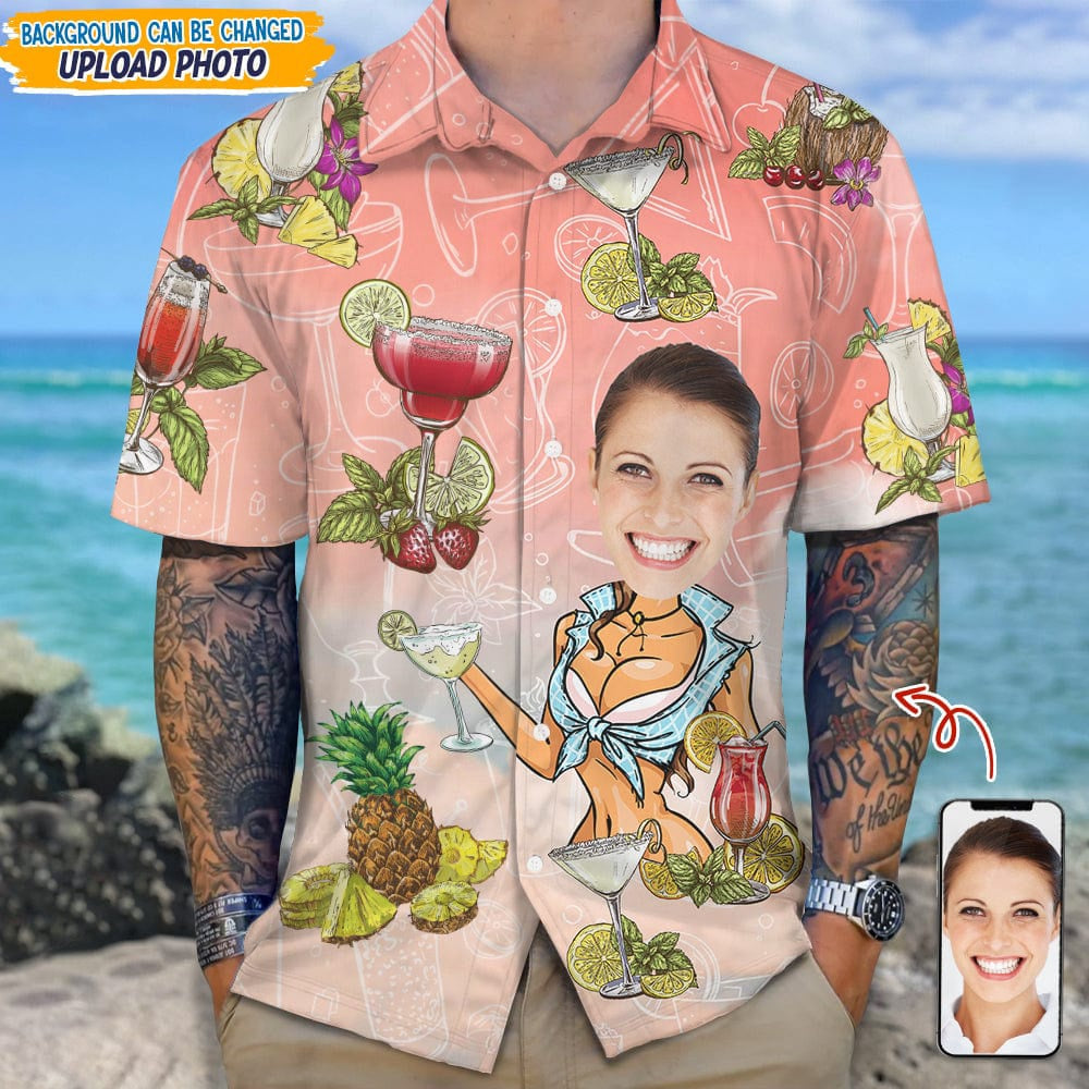 Custom Photo With Cocktail Pattern For Husband Or Boyfriend Hawaiian Shirt, Custom Hawaiian Shirts With Face