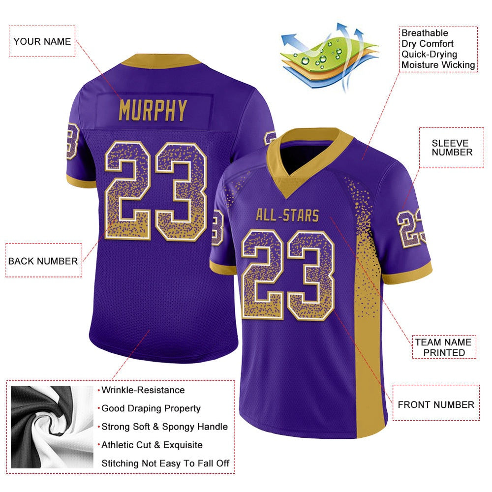 Custom Purple Old Gold White Mesh Drift Fashion Football Jersey, Team Jerseys Football, Custom Football Jersey