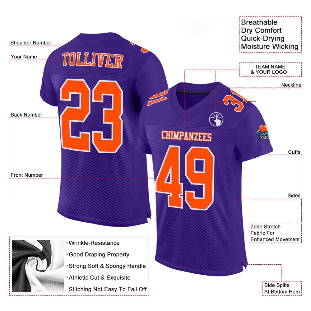 Custom Purple Orange White Mesh Authentic Football Jersey, Team Jerseys Football, Custom Football Jersey