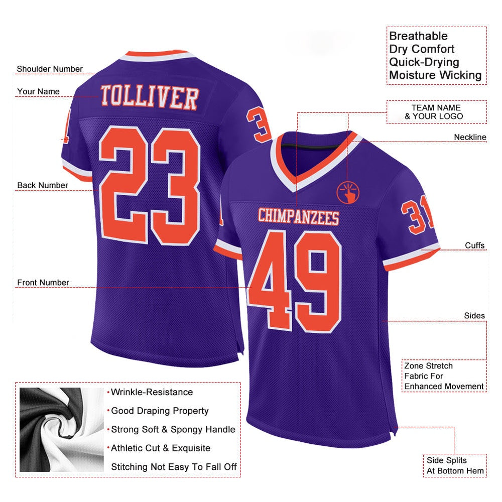 Custom Purple Orange White Mesh Authentic Throwback Football Jersey, Team Jerseys Football, Custom Football Jersey