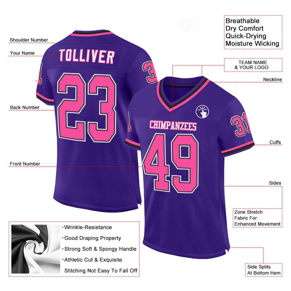 Custom Purple Pink Black Mesh Authentic Throwback Football Jersey, Team Jerseys Football, Custom Football Jersey