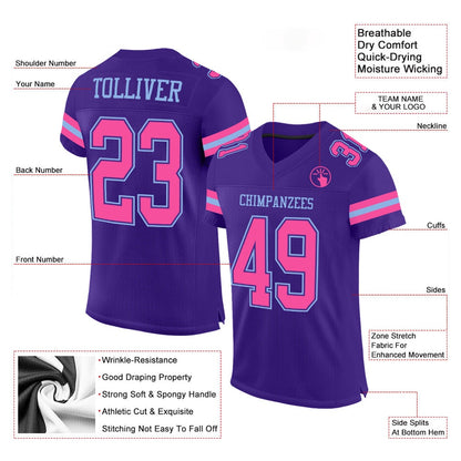 Custom Purple Pink Light Blue Mesh Authentic Football Jersey, Team Jerseys Football, Custom Football Jersey