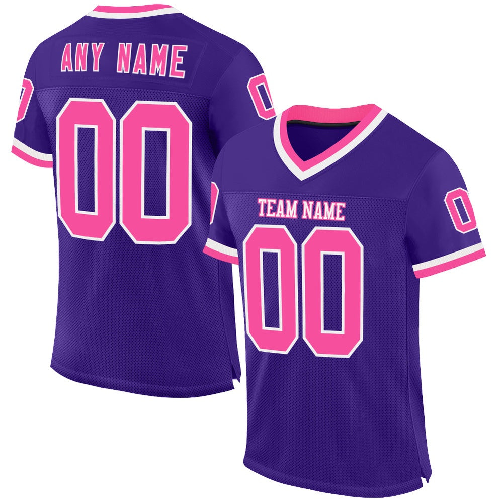 Custom Purple Pink White Mesh Authentic Throwback Football Jersey, Team Jerseys Football, Custom Football Jersey