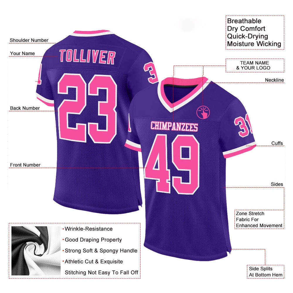 Custom Purple Pink White Mesh Authentic Throwback Football Jersey, Team Jerseys Football, Custom Football Jersey