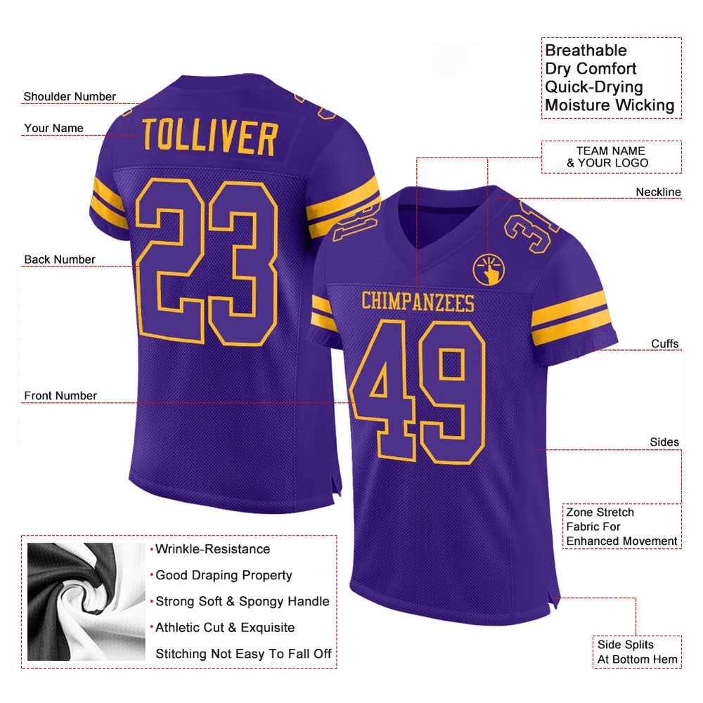 Custom Purple Purple Gold Mesh Authentic Football Jersey, Team Jerseys Football, Custom Football Jersey