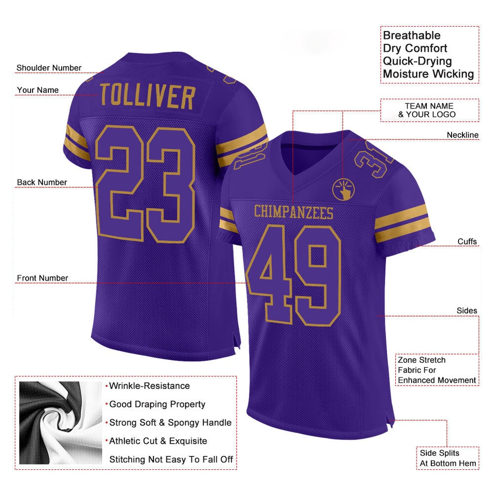 Custom Purple Purple Old Gold Mesh Authentic Football Jersey, Team Jerseys Football, Custom Football Jersey