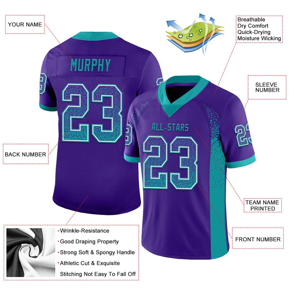 Custom Purple Teal White Mesh Drift Fashion Football Jersey, Team Jerseys Football, Custom Football Jersey