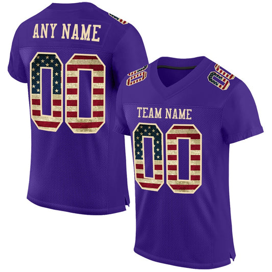 Custom Purple Vintage USA Flag City Cream Mesh Authentic Football Jersey, Team Jerseys Football, Custom Football Jersey