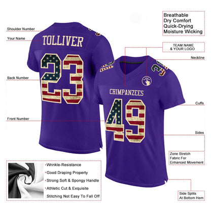 Custom Purple Vintage USA Flag City Cream Mesh Authentic Football Jersey, Team Jerseys Football, Custom Football Jersey