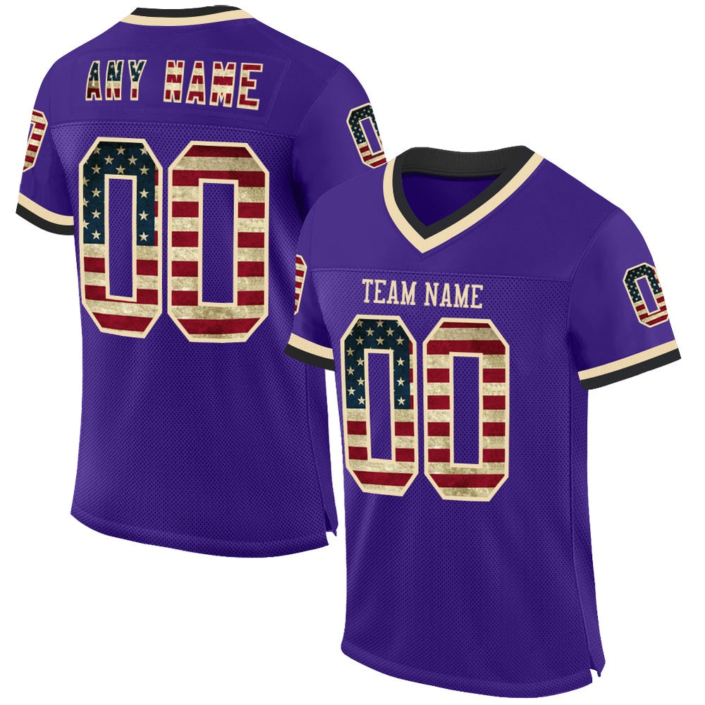 Custom Purple Vintage USA Flag Cream Black Mesh Authentic Throwback Football Jersey, Team Jerseys Football, Custom Football Jersey