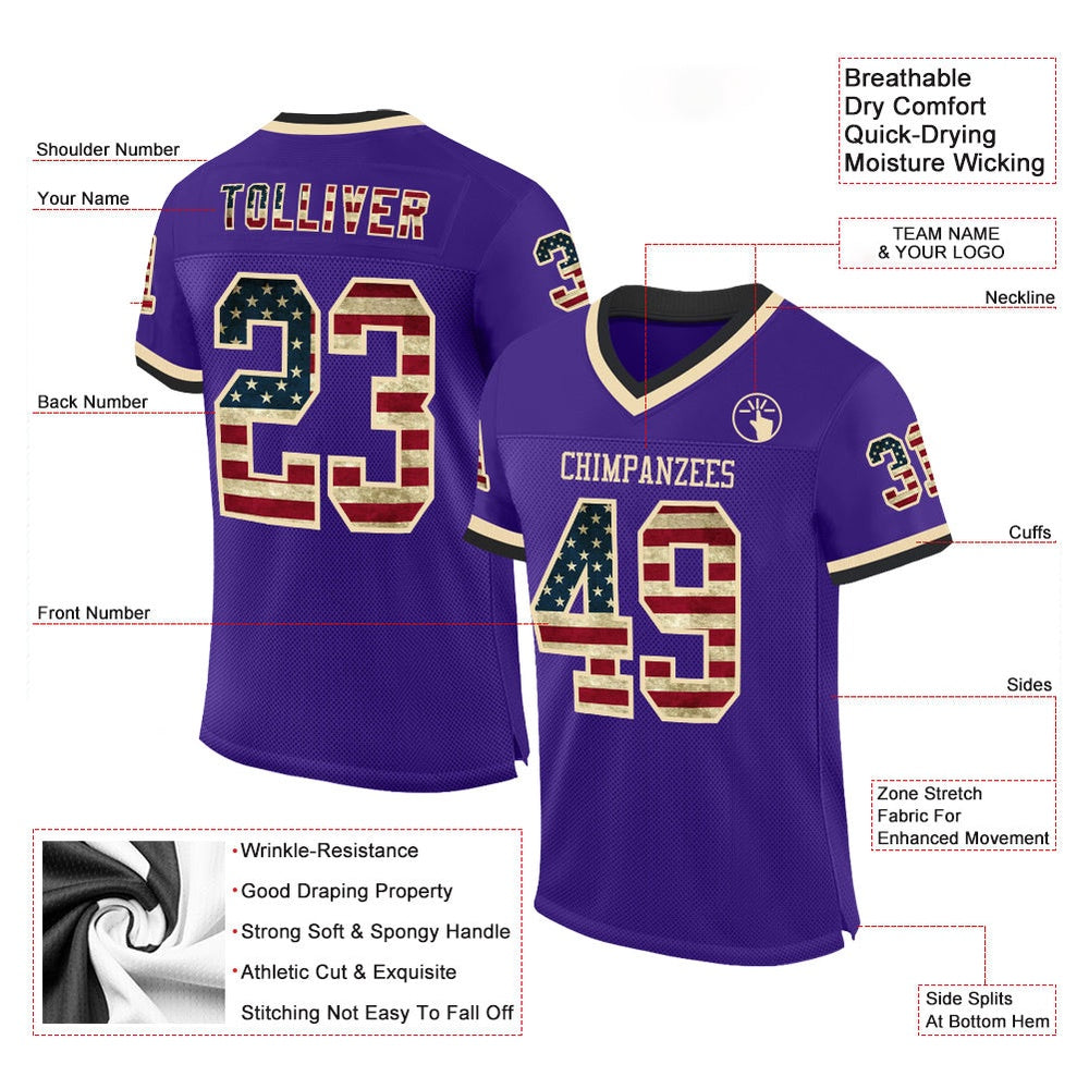 Custom Purple Vintage USA Flag Cream Black Mesh Authentic Throwback Football Jersey, Team Jerseys Football, Custom Football Jersey