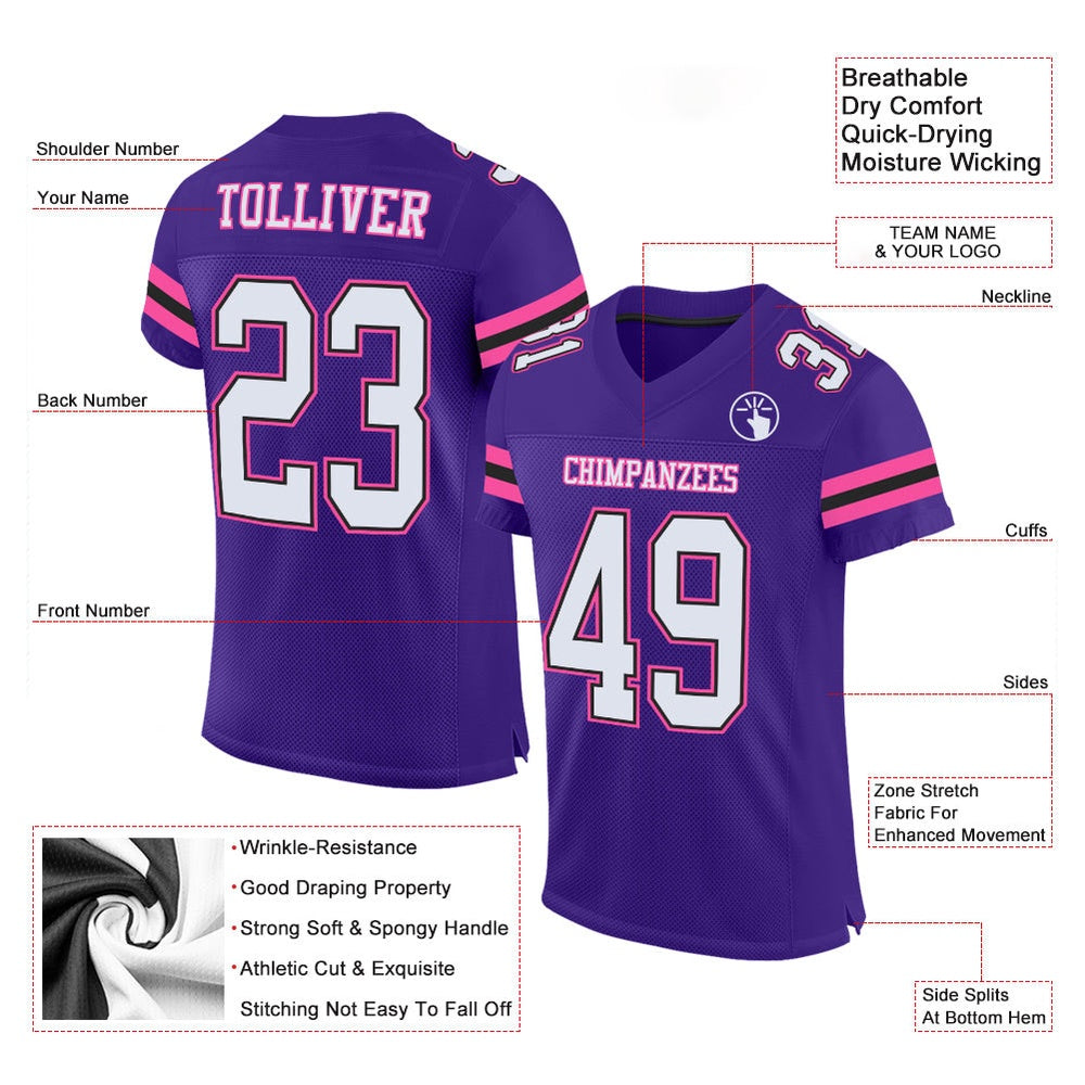 Custom Purple White Black Pink Mesh Authentic Football Jersey, Team Jerseys Football, Custom Football Jersey