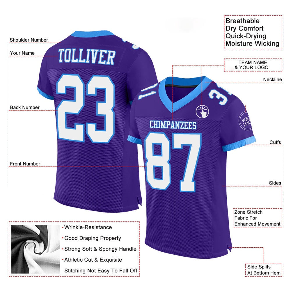 Custom Purple White Electric Blue Mesh Authentic Football Jersey, Team Jerseys Football, Custom Football Jersey