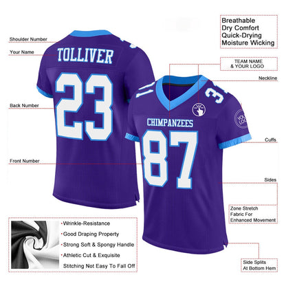 Custom Purple White Electric Blue Mesh Authentic Football Jersey, Team Jerseys Football, Custom Football Jersey