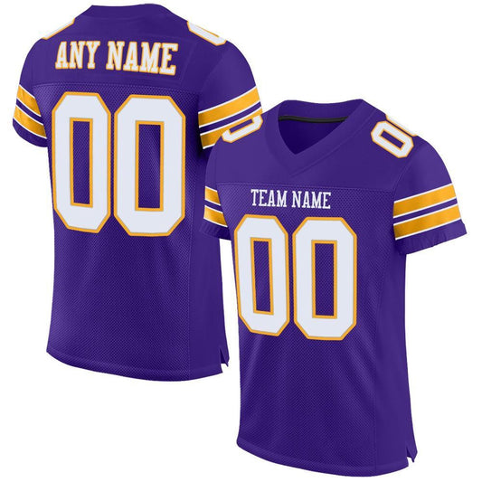 Custom Purple White Gold Mesh Authentic Football Jersey, Team Jerseys Football, Custom Football Jersey