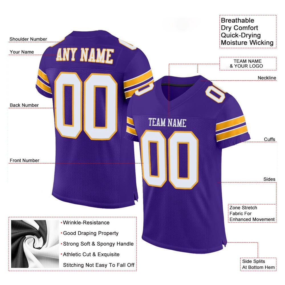 Custom Purple White Gold Mesh Authentic Football Jersey, Team Jerseys Football, Custom Football Jersey