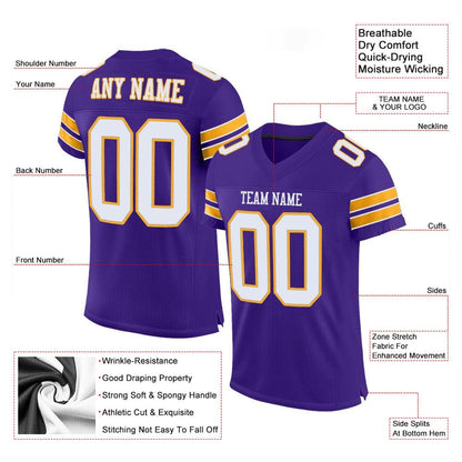 Custom Purple White Gold Mesh Authentic Football Jersey, Team Jerseys Football, Custom Football Jersey