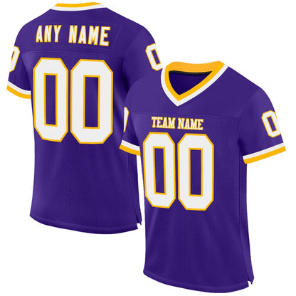 Custom Purple White Gold Mesh Authentic Throwback Football Jersey, Team Jerseys Football, Custom Football Jersey