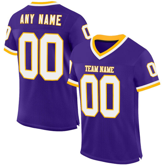 Custom Purple White Gold Mesh Authentic Throwback Football Jersey, Team Jerseys Football, Custom Football Jersey