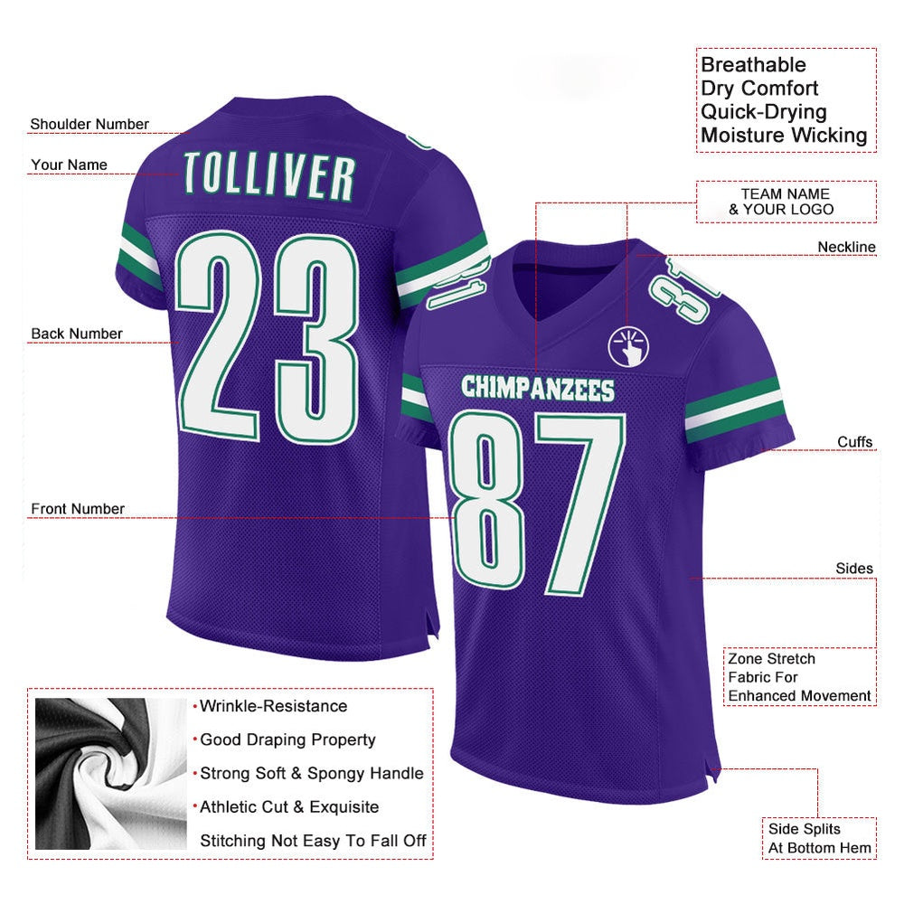 Custom Purple White Kelly Green Mesh Authentic Football Jersey, Team Jerseys Football, Custom Football Jersey