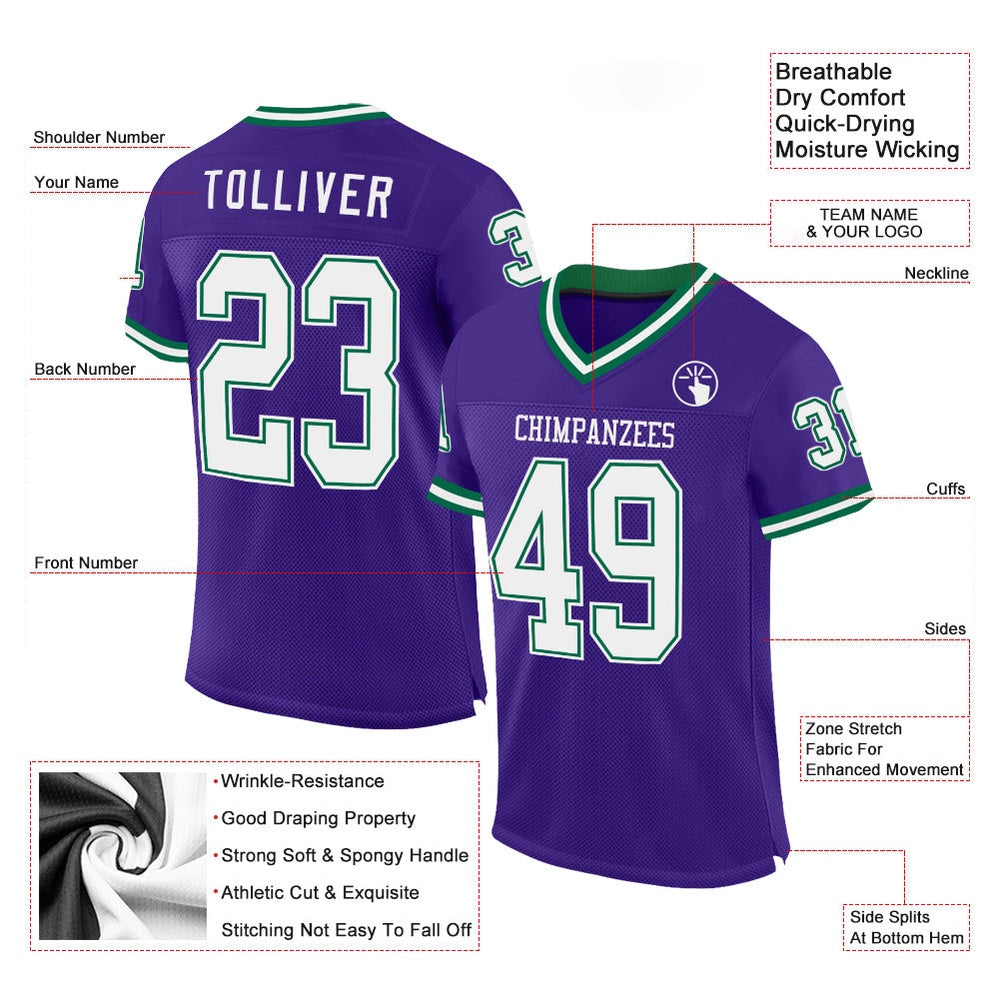 Custom Purple White Kelly Green Mesh Authentic Throwback Football Jersey, Team Jerseys Football, Custom Football Jersey