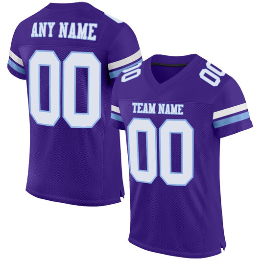 Custom Purple White Light Blue Mesh Authentic Football Jersey, Team Jerseys Football, Custom Football Jersey