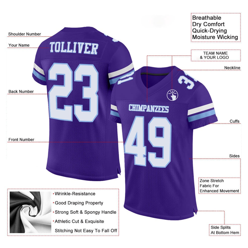 Custom Purple White Light Blue Mesh Authentic Football Jersey, Team Jerseys Football, Custom Football Jersey
