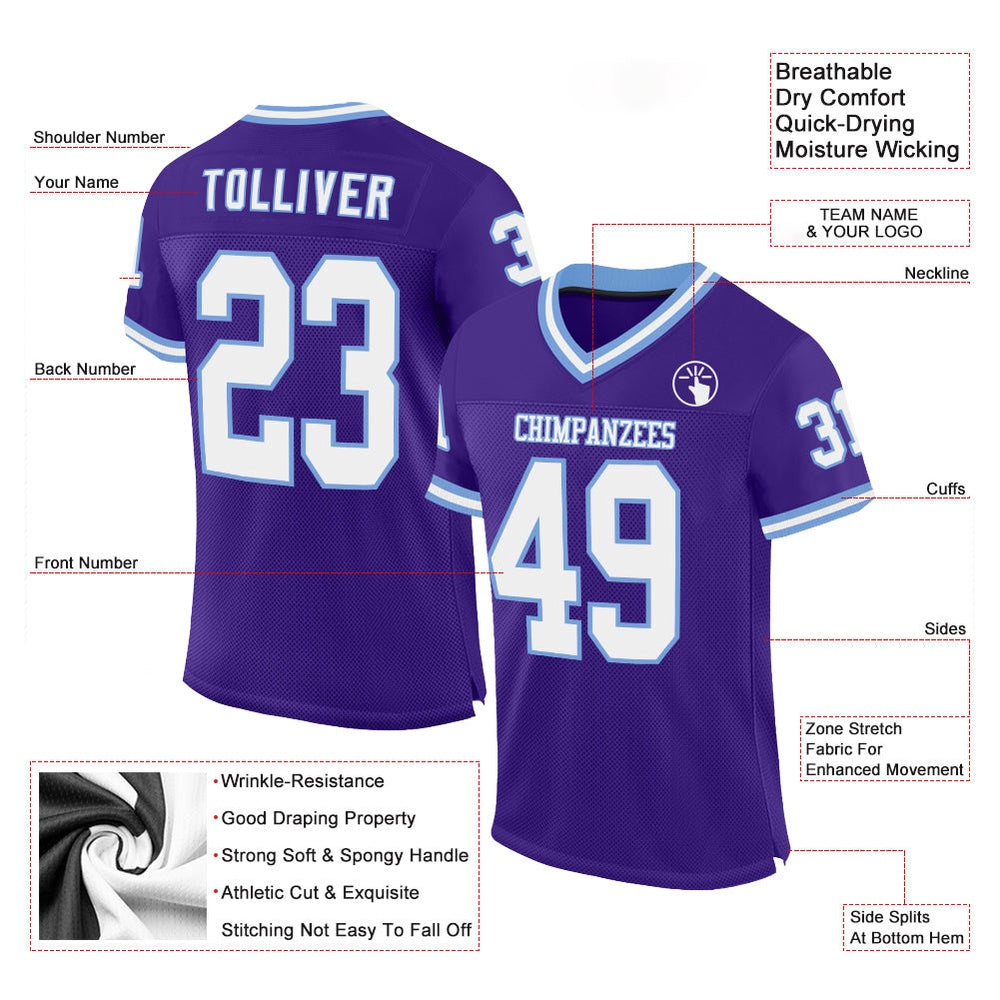 Custom Purple White Light Blue Mesh Authentic Throwback Football Jersey, Team Jerseys Football, Custom Football Jersey